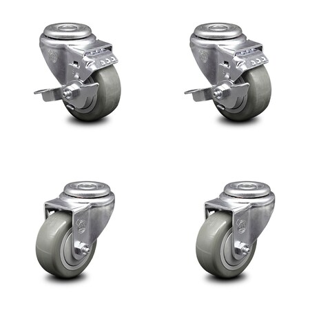 Service Caster 3 Inch Gray Polyurethane Wheel Swivel Bolt Hole Caster Set with 2 Brake SCC SCC-BH20S314-PPUB-TLB-2-S-2